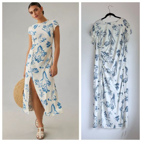NWT Reformation Frasier Midi Dress in Lisse White & Blue Floral Size 16 - Picture 1 of 15